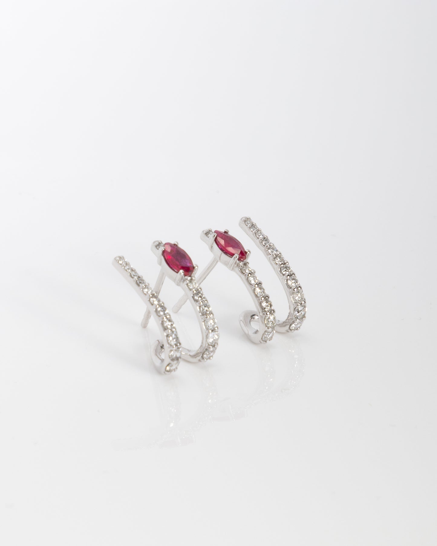 Ruby & Diamond Huggie Earrings in White Gold