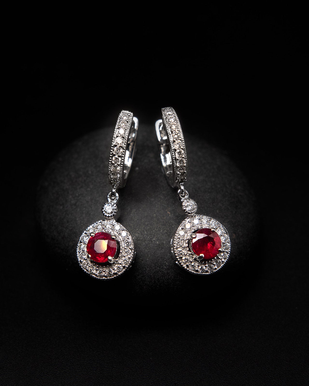 Ruby & Diamond Huggie Drop Earrings in White Gold