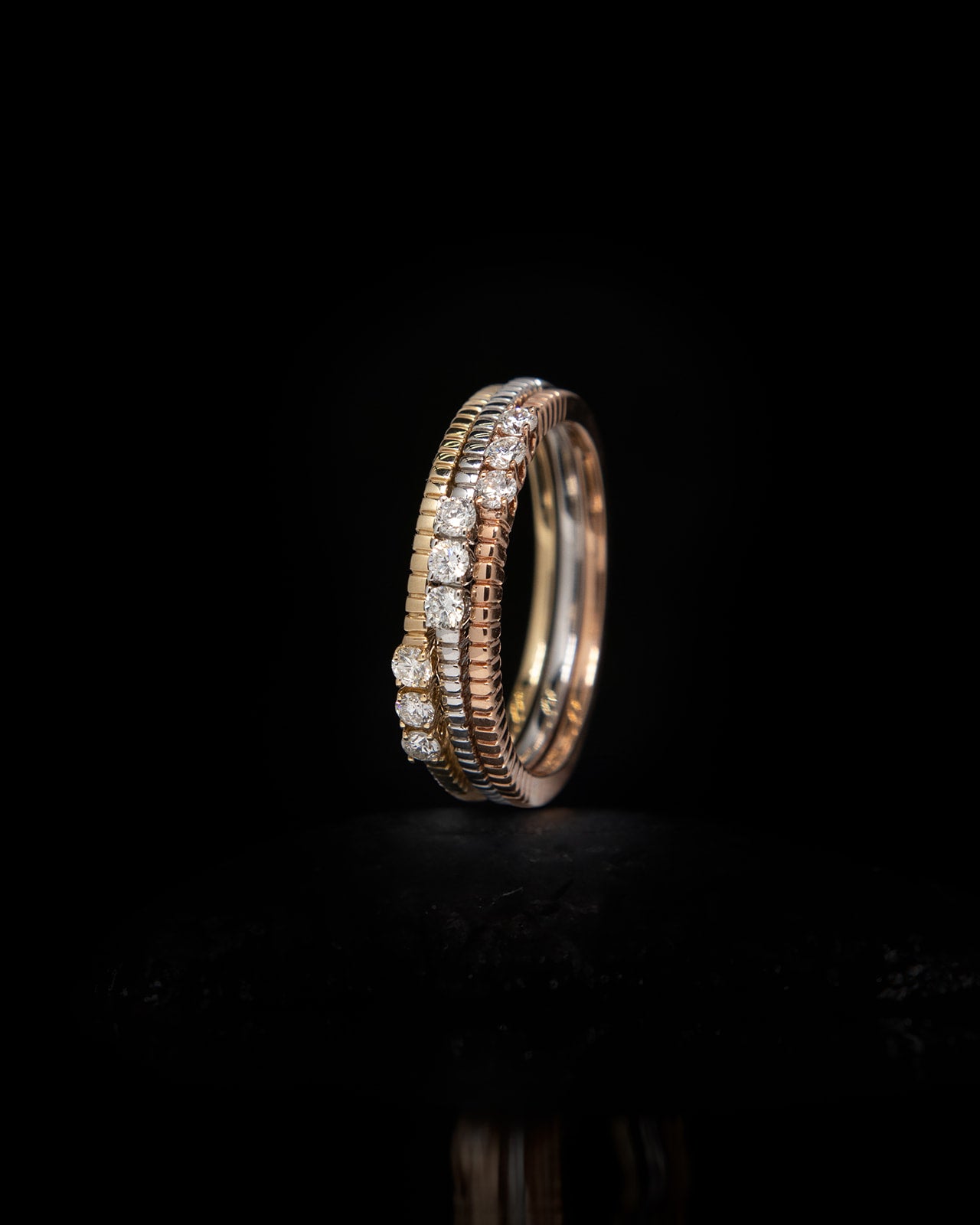 Tri-Color Gold Diamond Triple Bands in Yellow, White, and Rose Gold