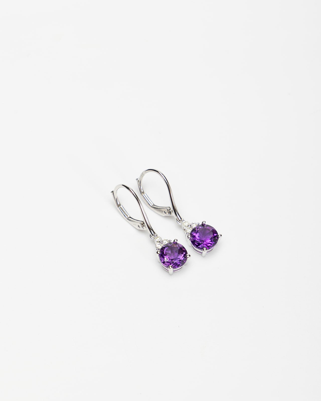 Round Amethyst and Diamond Dangle Earrings in White Gold