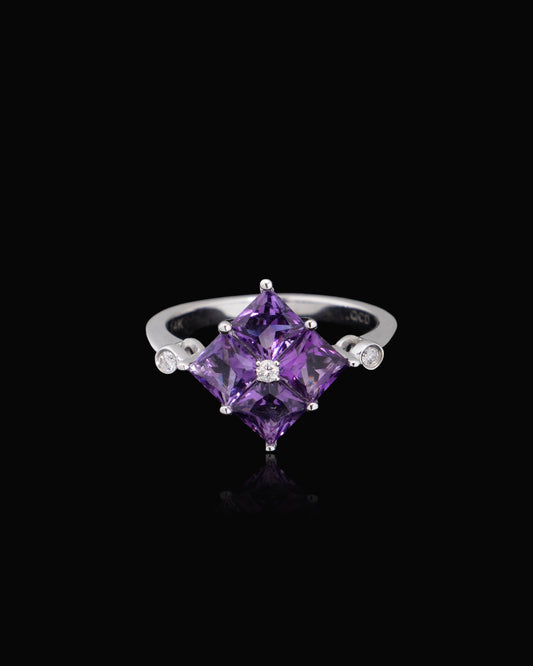4 Amethyst & Diamond Ring in White Gold