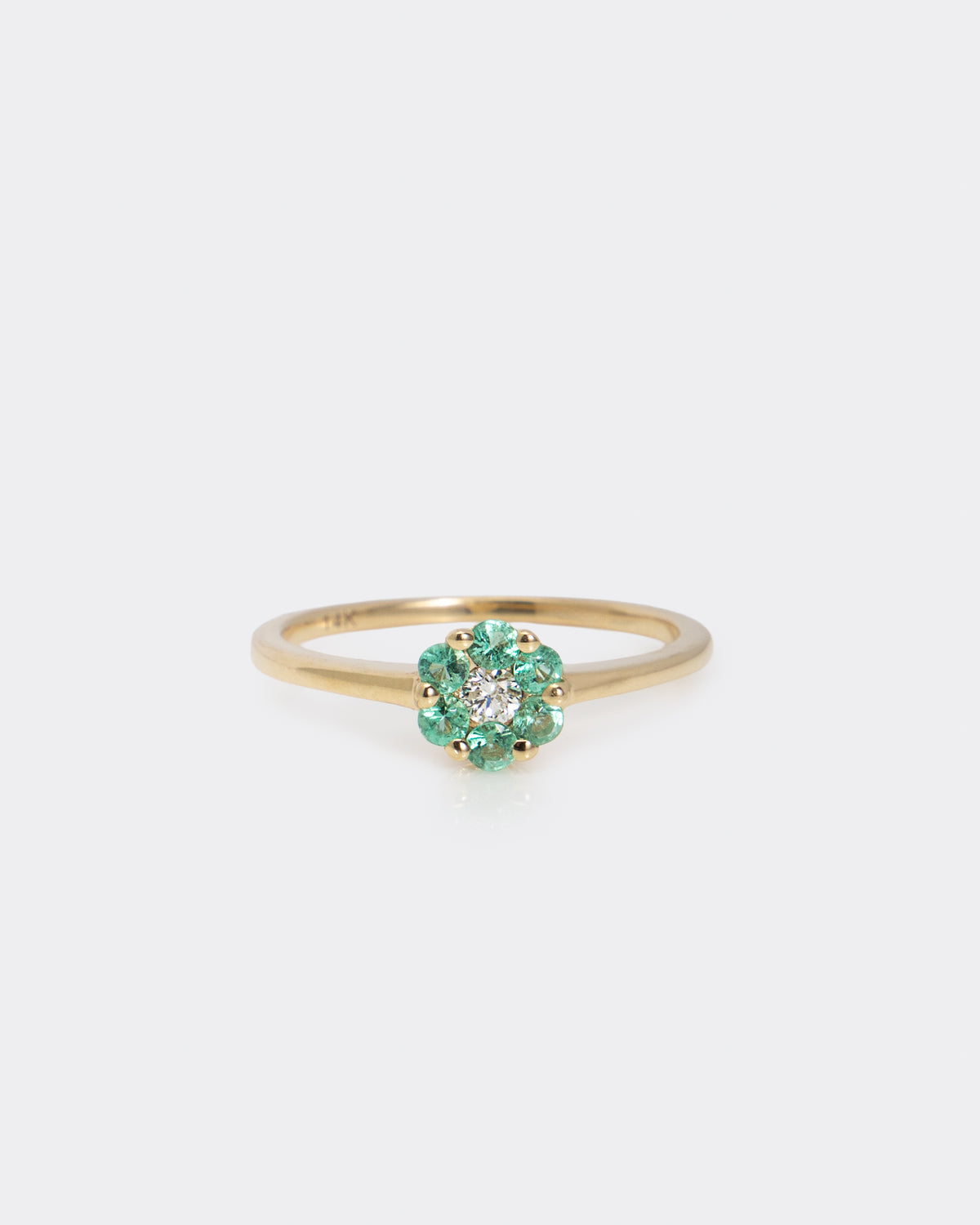 Emerald & Diamond Flower Ring in Yellow Gold