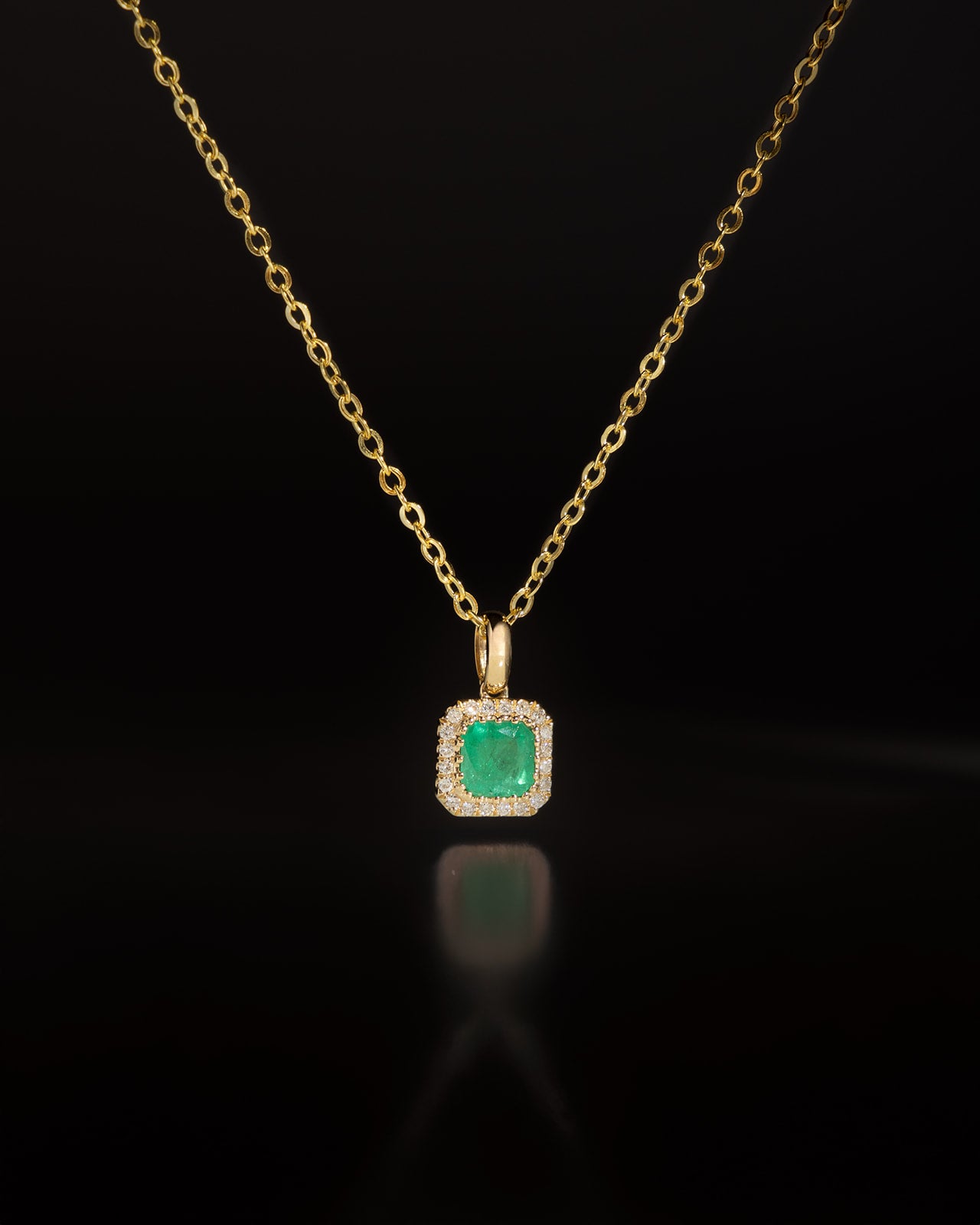 Square Emerald with Diamond Halo Pendant in Yellow Gold