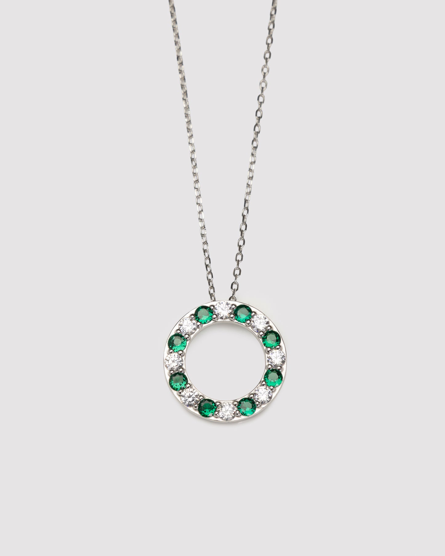 Round CZ & Green Gems Pendant in Sterling Silver