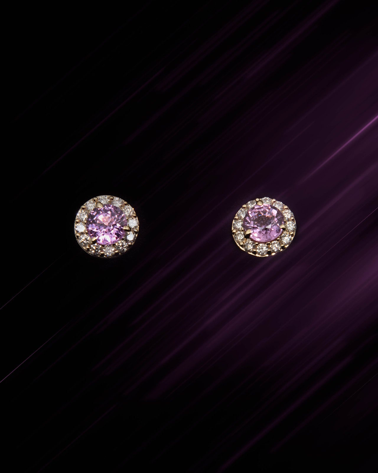 Pink Sapphire & Diamond Halo Stud Earrings in Yellow Gold