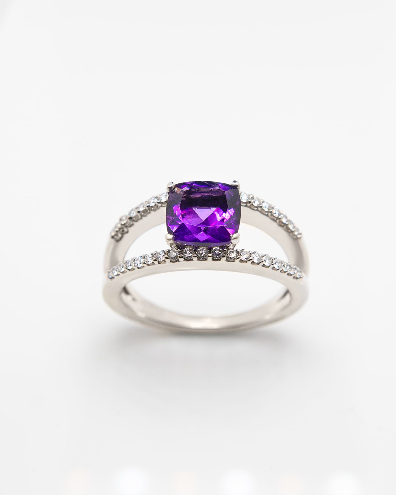 Cushion cut Amethyst and Diamond Hug Ring in White Gold