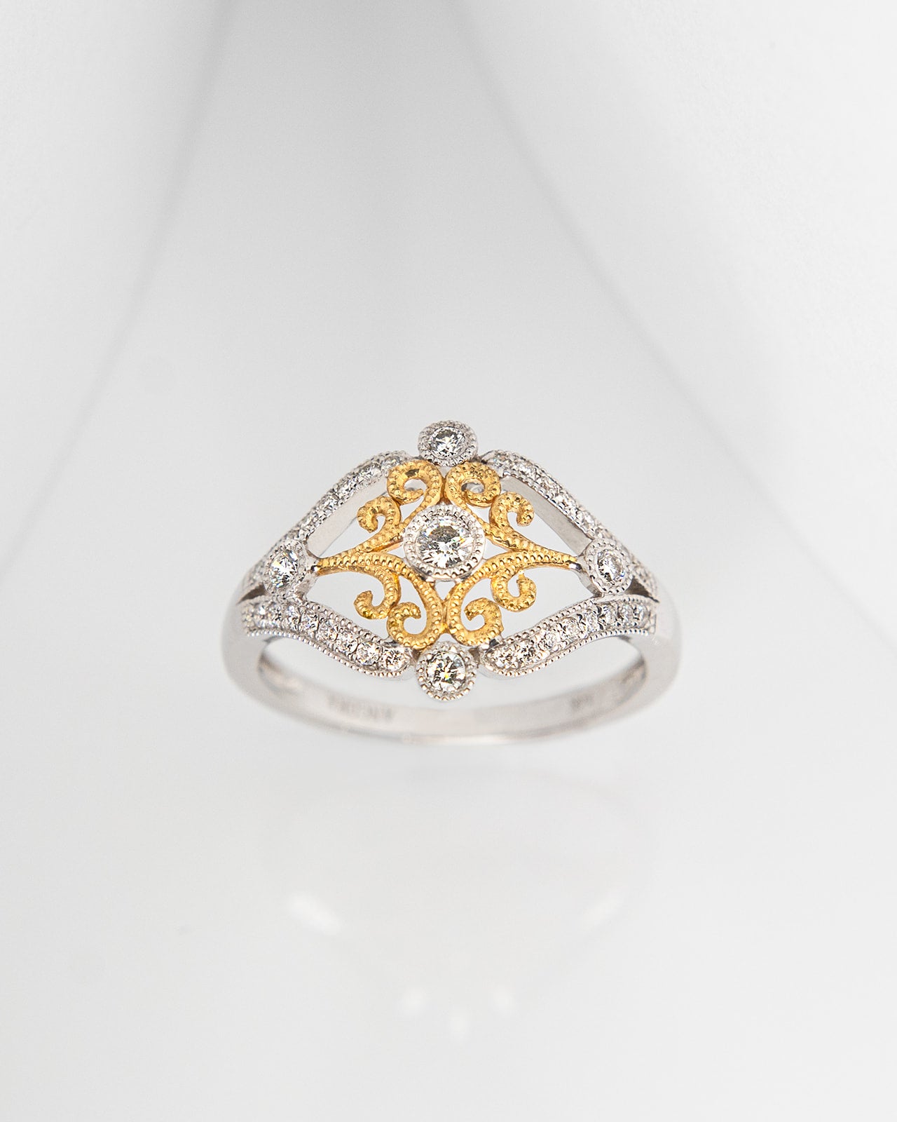 Filigree Diamond Ring in Yellow and White Gold