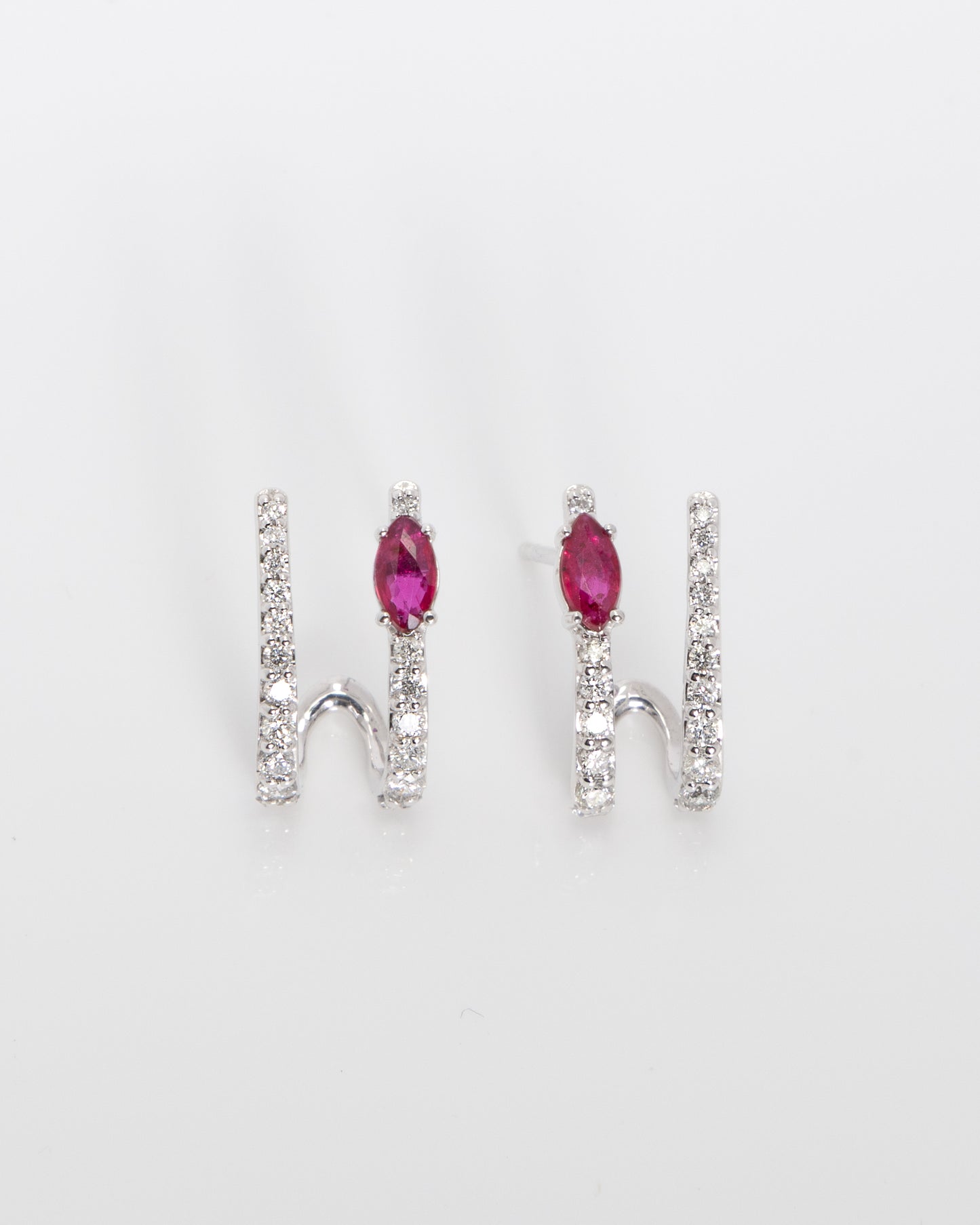 Ruby & Diamond Huggie Earrings in White Gold
