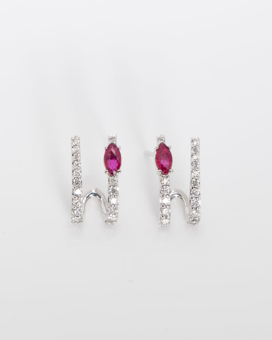 Ruby & Diamond Huggie Earrings in White Gold