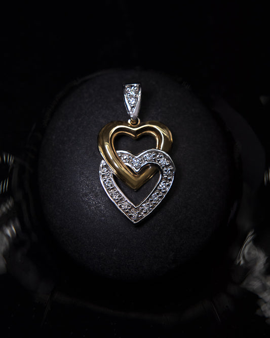 Double Heart Diamond Pendant in White and Yellow Gold