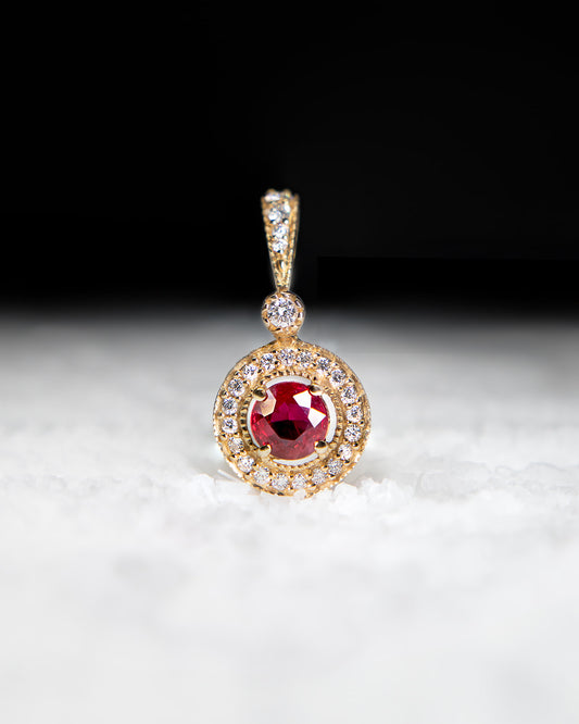 Ruby & Diamond Halo Pendant in Yellow Gold