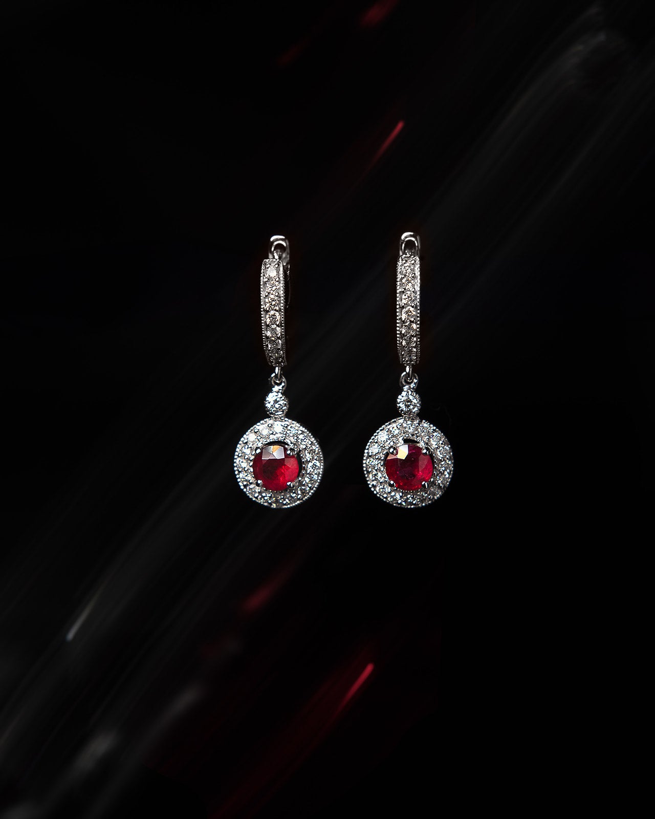 Ruby & Diamond Huggie Drop Earrings in White Gold