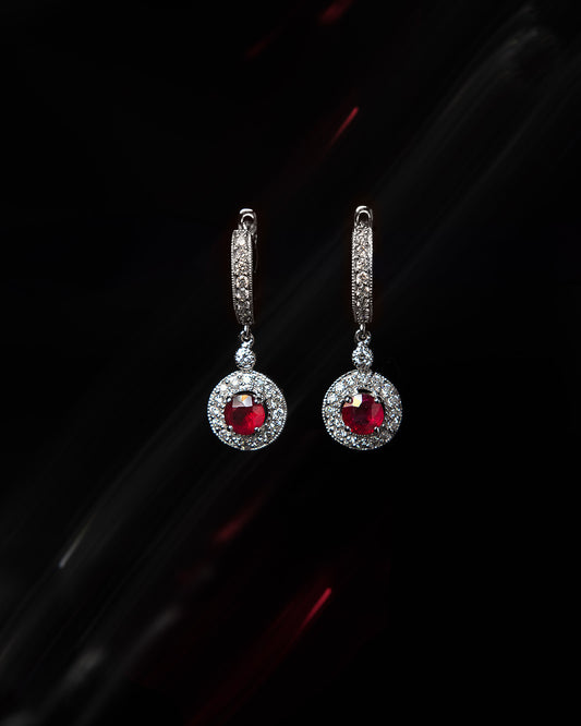 Ruby & Diamond Huggie Drop Earrings in White Gold