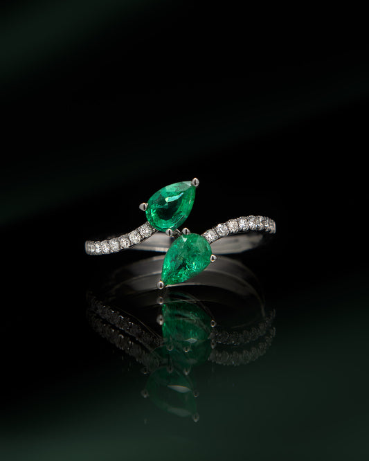 Emerald and Diamond Bypass Ring in White Gold