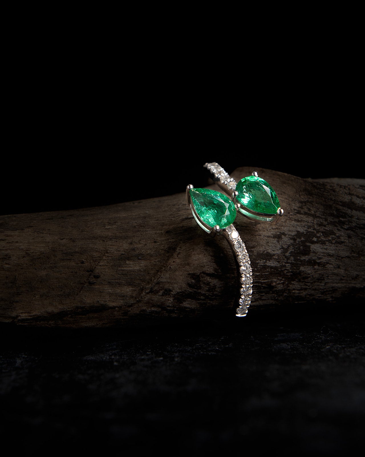 Emerald and Diamond Bypass Ring in White Gold