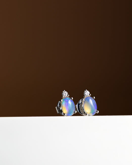 Oval & Diamond Stud Earrings in White Gold