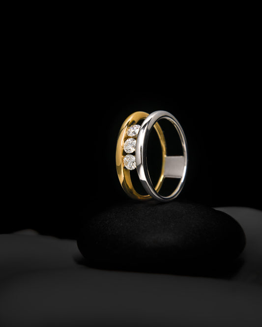 Two-Tone Three-Diamond Fashion Ring in Yellow and White Gold