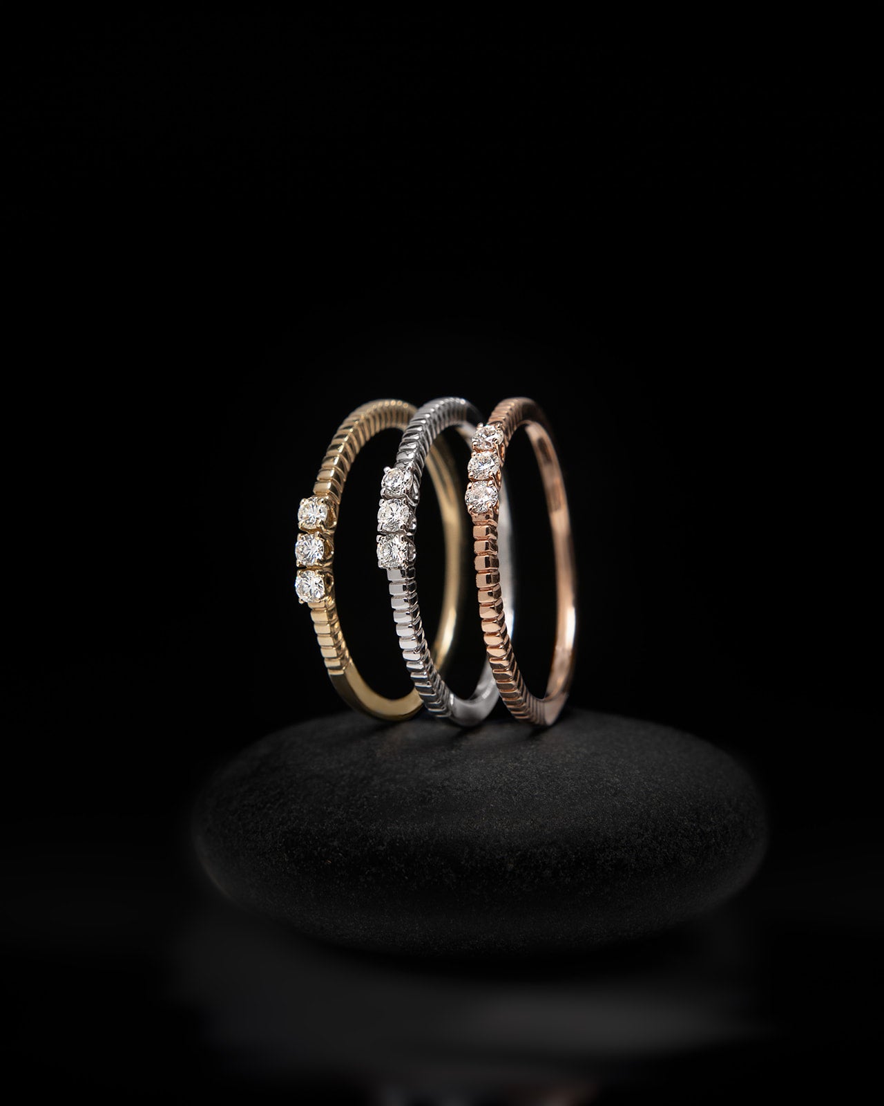 Tri-Color Gold Diamond Triple Bands in Yellow, White, and Rose Gold