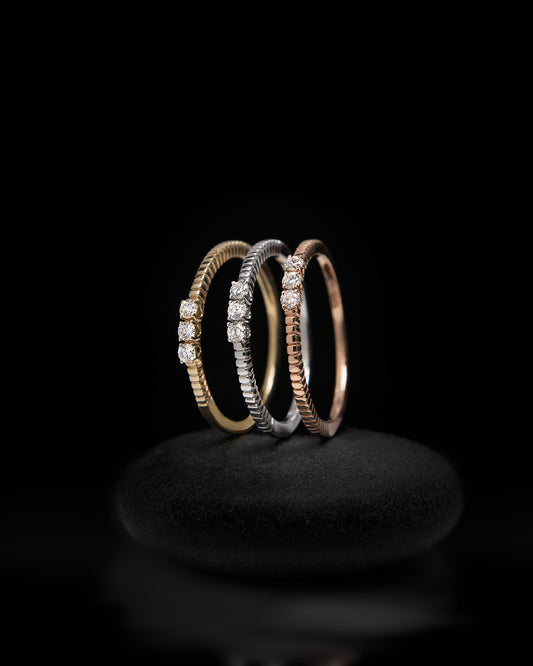 Tri-Color Gold Diamond Triple Bands in Yellow, White, and Rose Gold