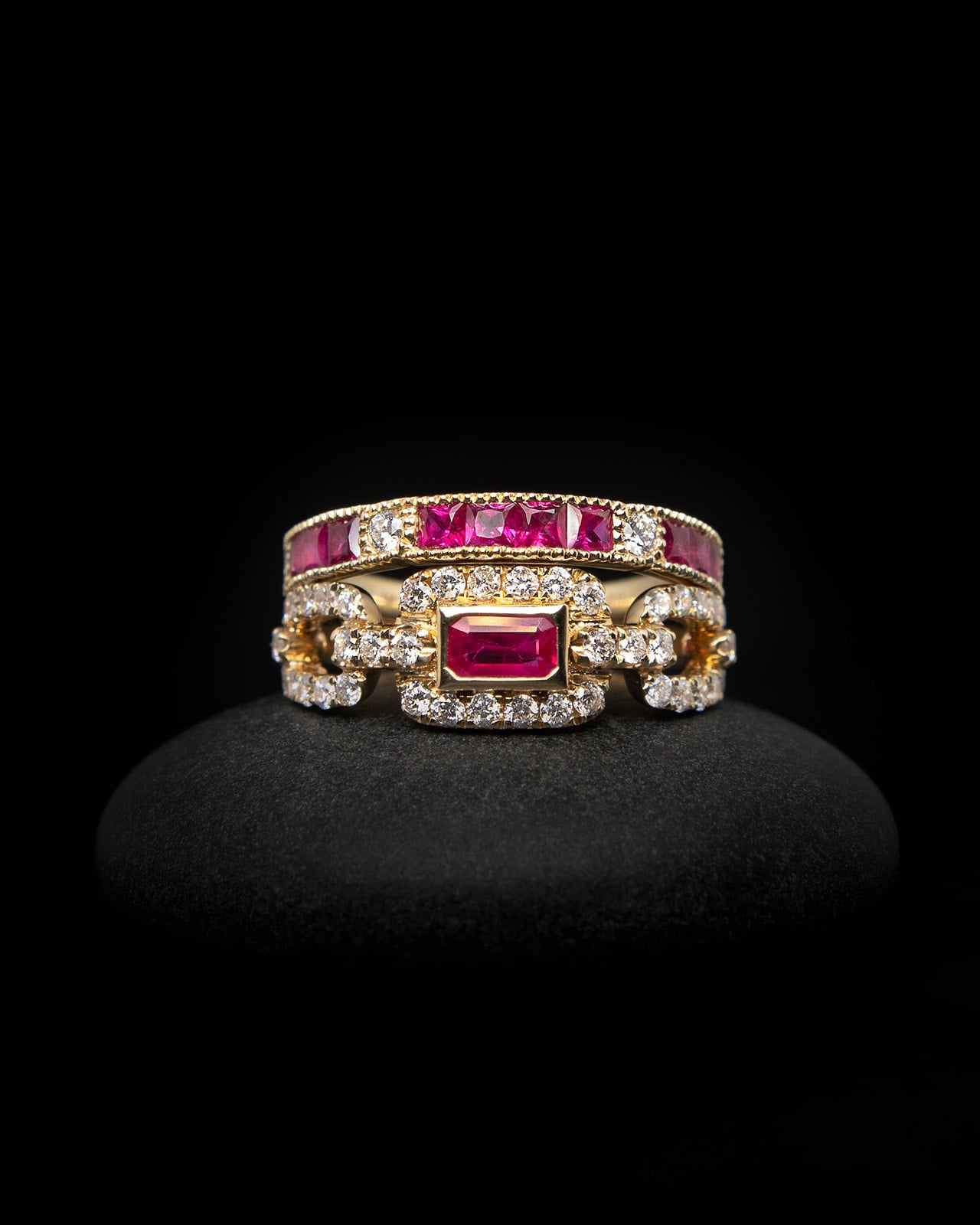 Square Channel Ruby and Diamond Band in Yellow Gold