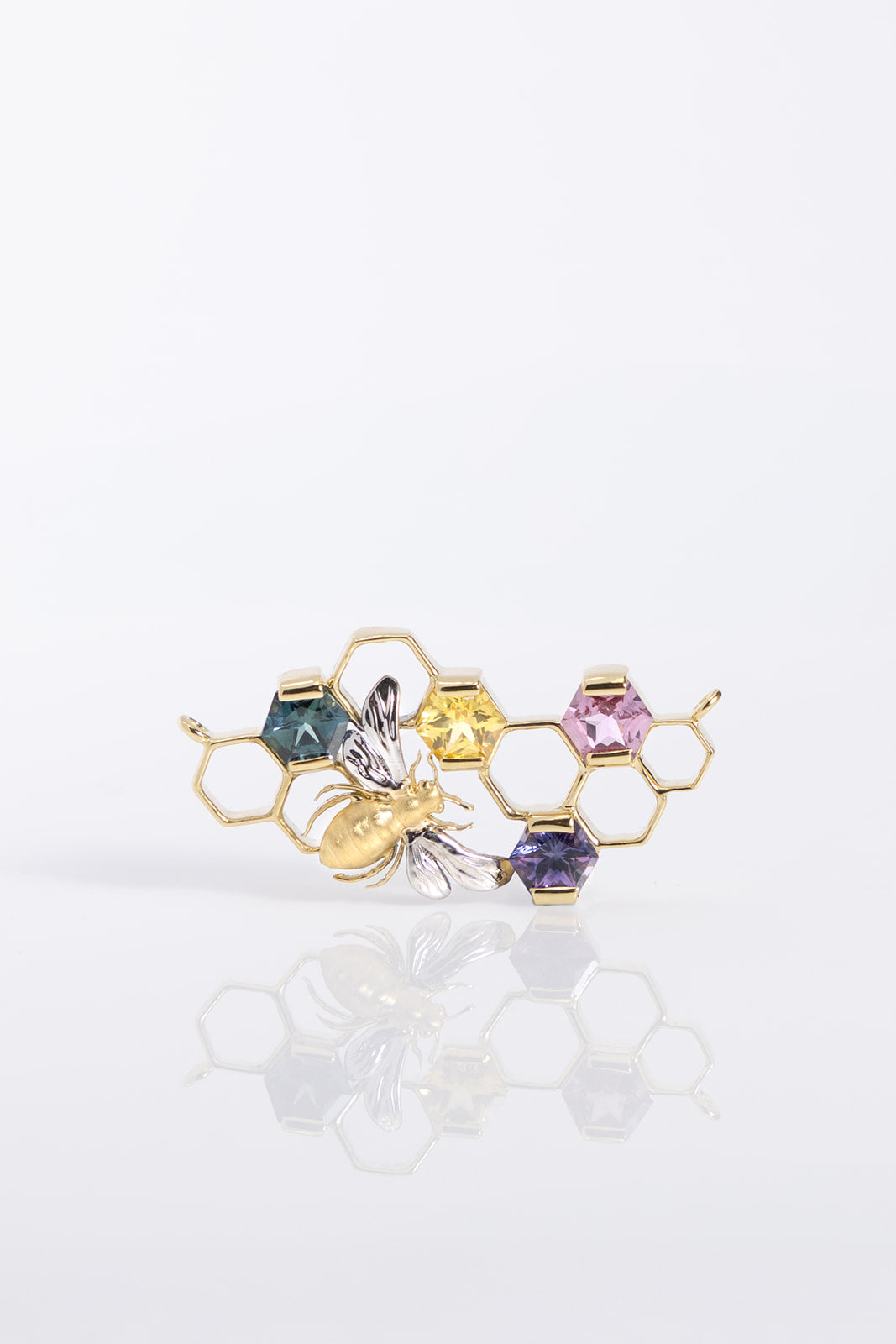 Sapphire Bee Honeycomb Pendant in Yellow and White Gold