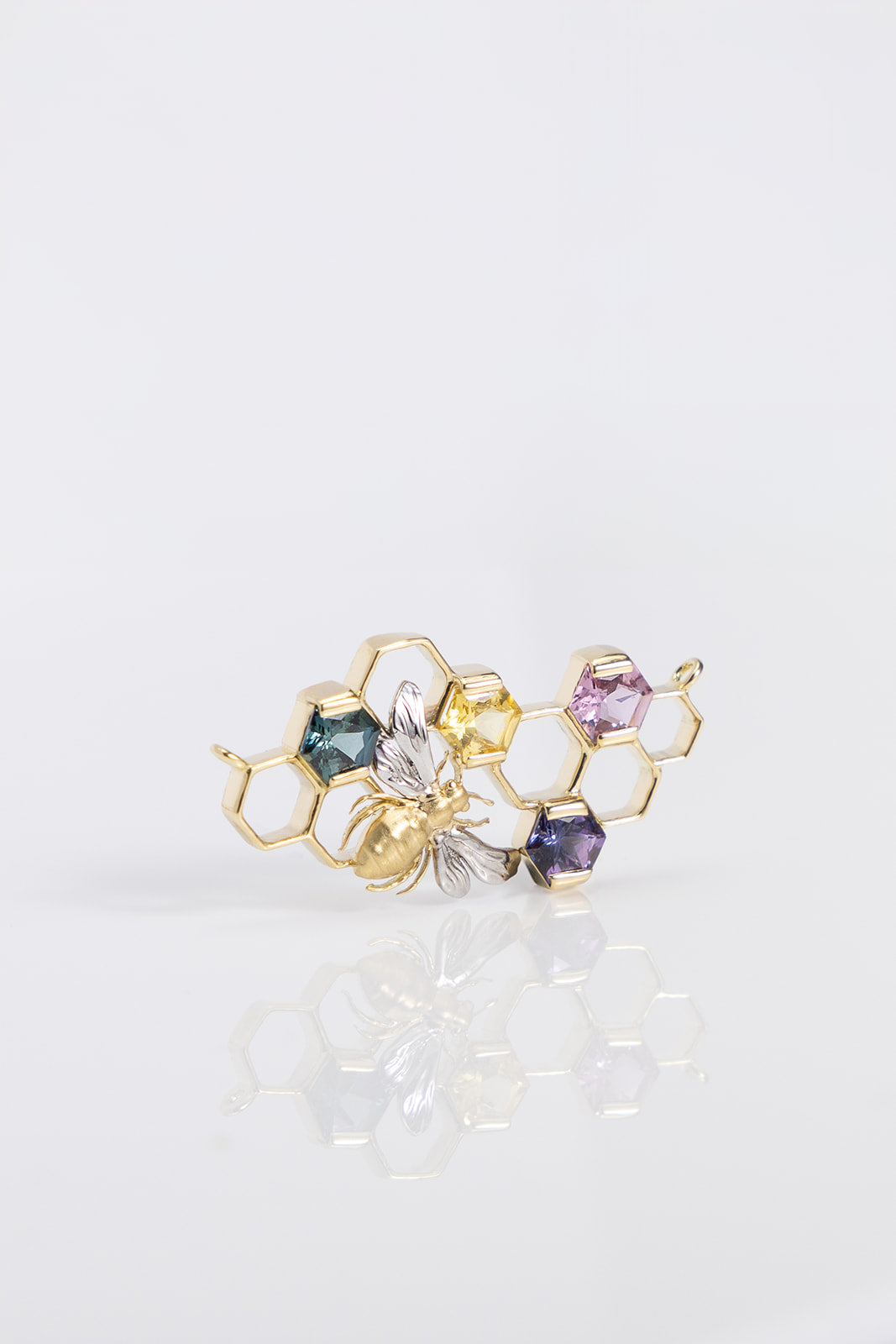 Sapphire Bee Honeycomb Pendant in Yellow and White Gold