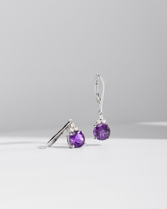 Round Amethyst and Diamond Dangle Earrings in White Gold