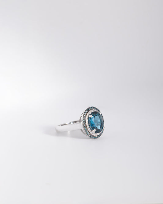 Double Halo London Blue Topaz with Blue & White Diamonds Ring in White Gold
