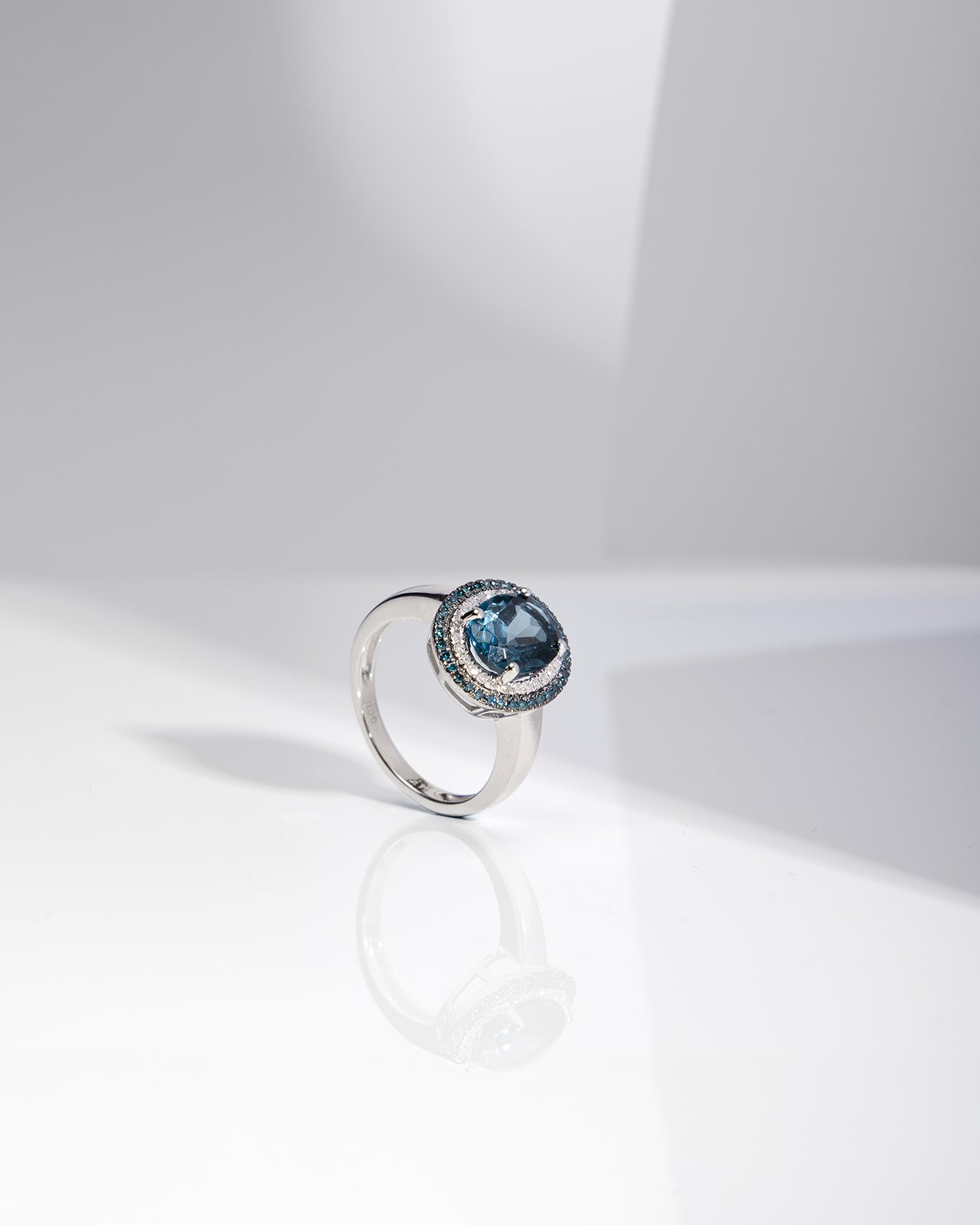 Double Halo London Blue Topaz with Blue & White Diamonds Ring in White Gold