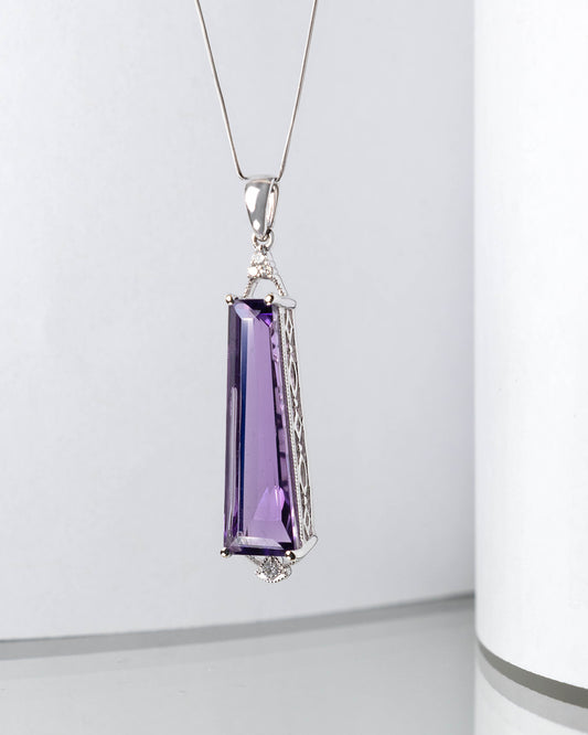 Tapered Baguette Amethyst & Diamond Pendant in White Gold
