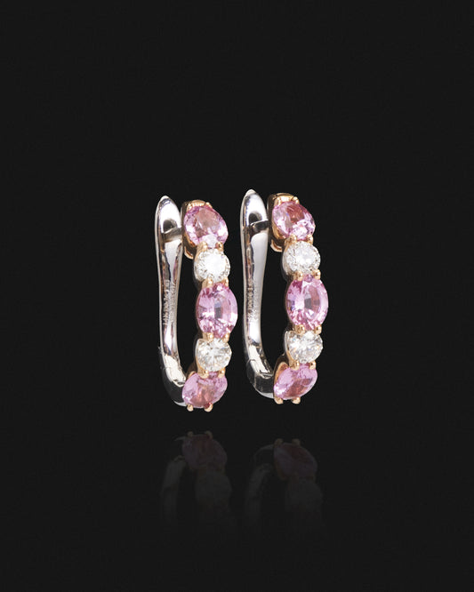 Oval Sapphire & Round Diamond Hoop Earrings in White Gold
