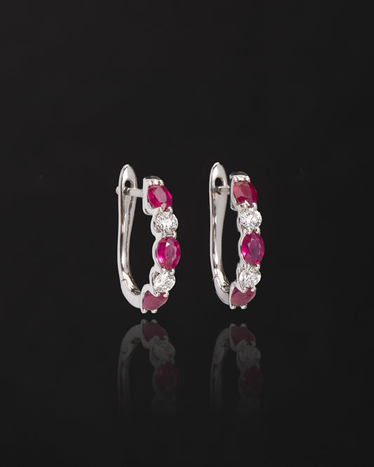 Round Ruby & Diamond Hoop Earrings in White Gold