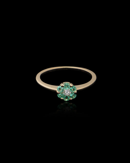 Emerald & Diamond Flower Ring in Yellow Gold