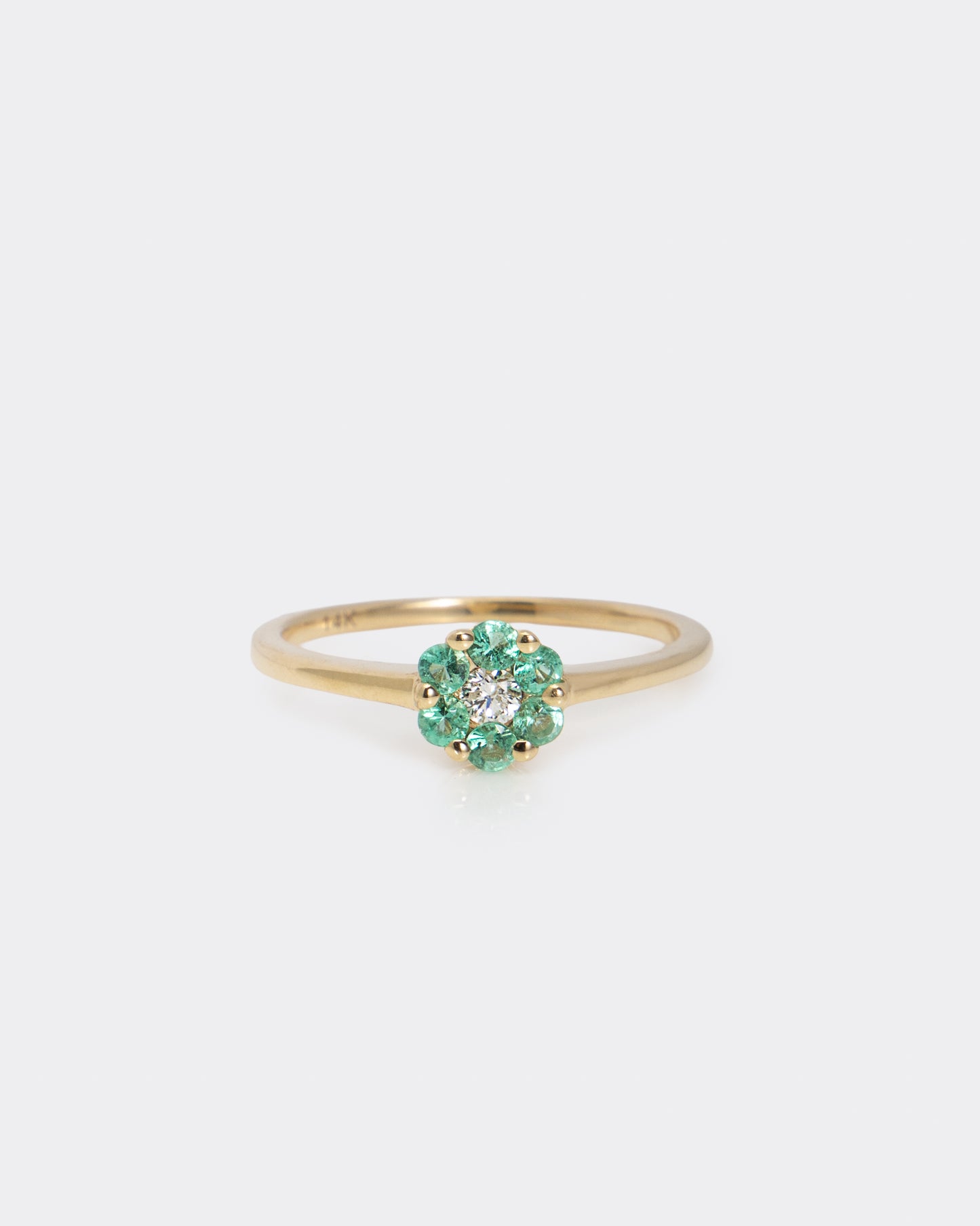 Emerald & Diamond Flower Ring in Yellow Gold