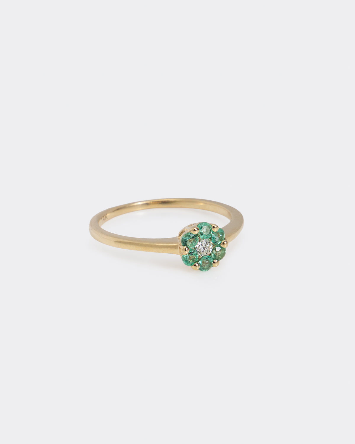 Emerald & Diamond Flower Ring in Yellow Gold