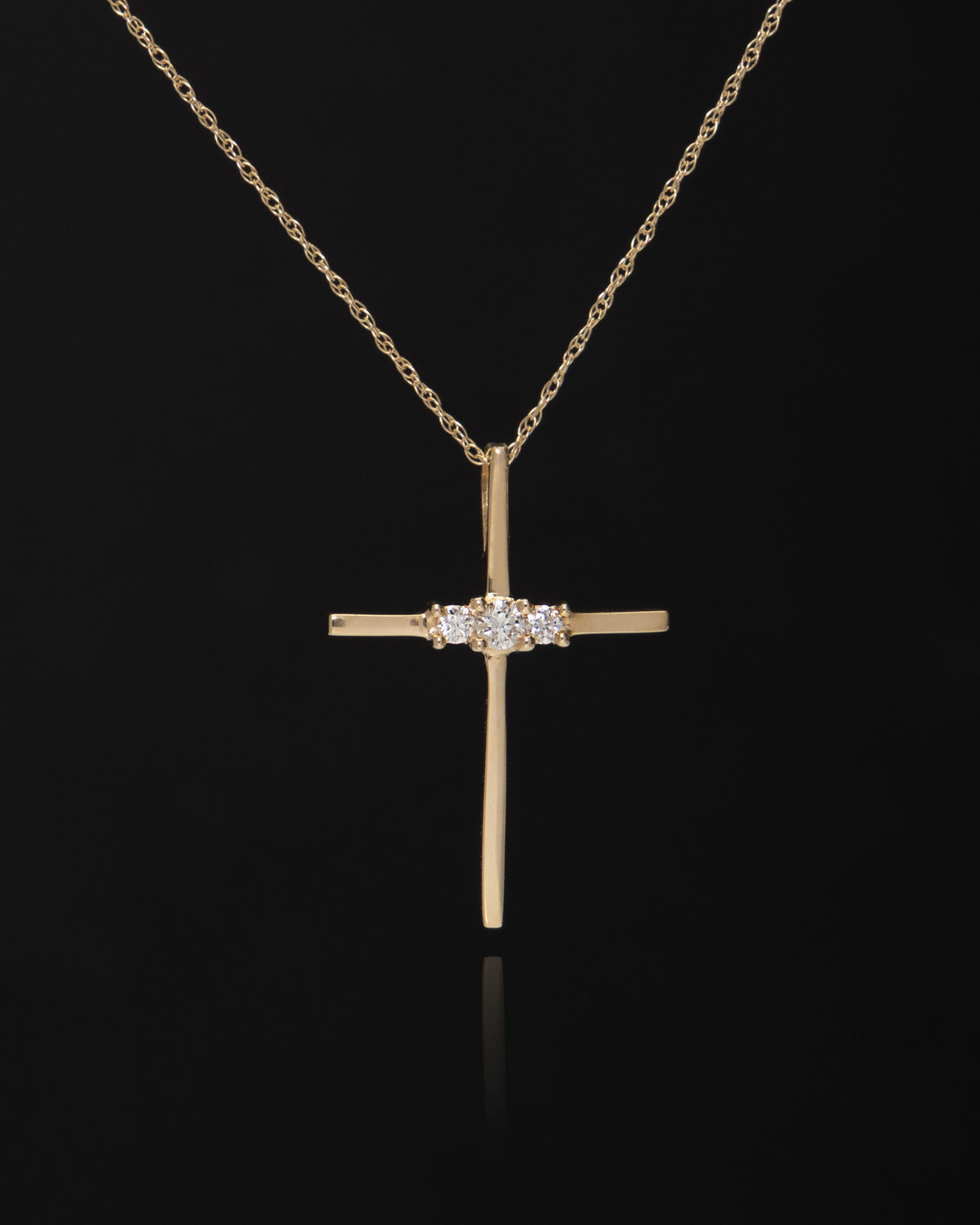 Triple Diamond Cross Pendant with Chain in Yellow Gold
