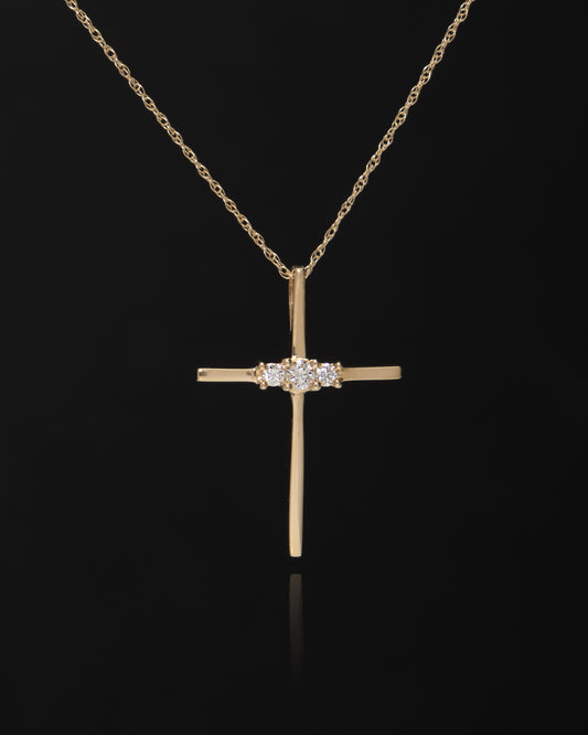 Triple Diamond Cross Pendant with Chain in Yellow Gold