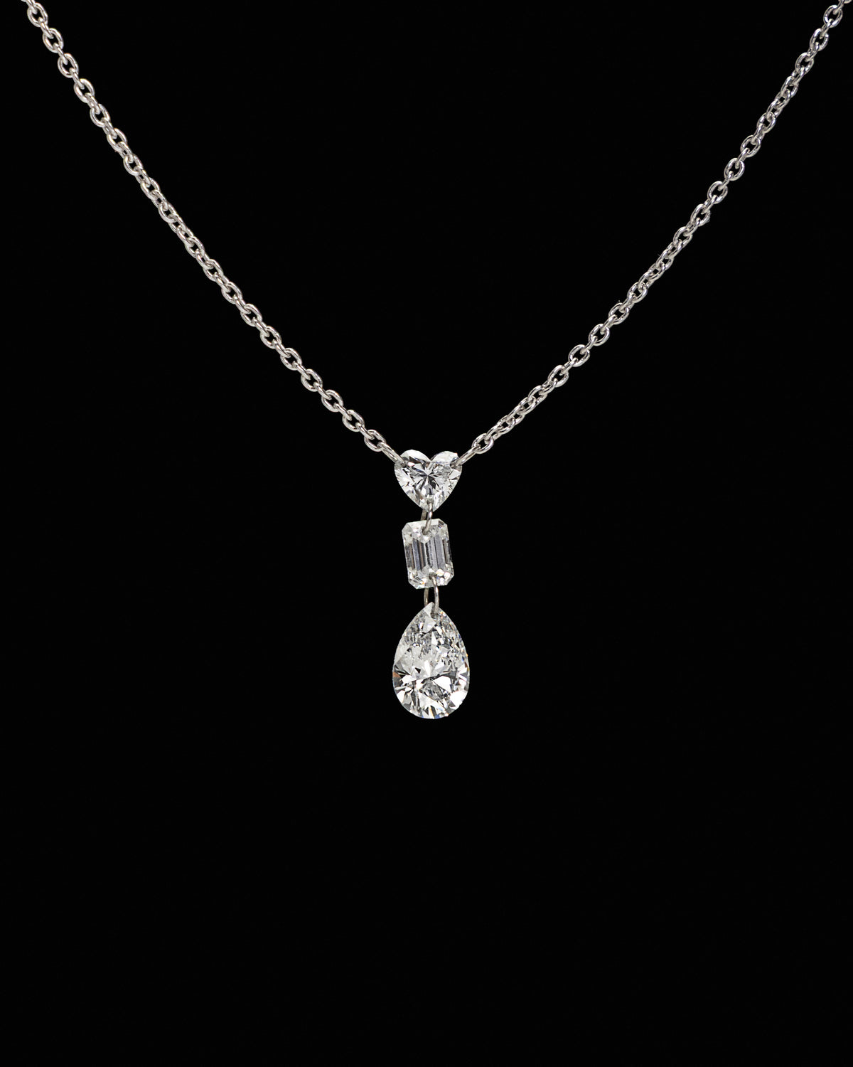 Heart, Emerald, & Pear Diamond Necklace in White Gold