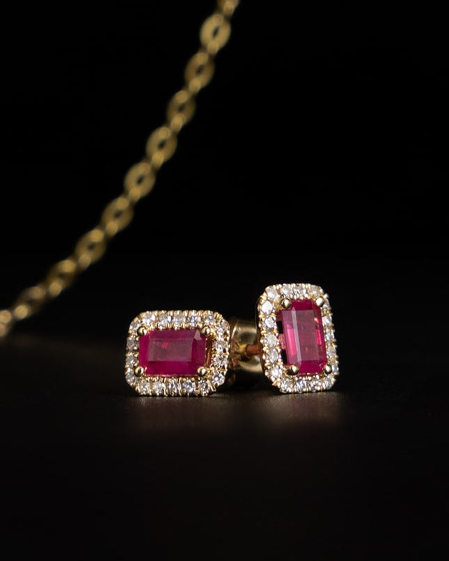 Halo Ruby & Diamond Stud Earrings in Yellow Gold