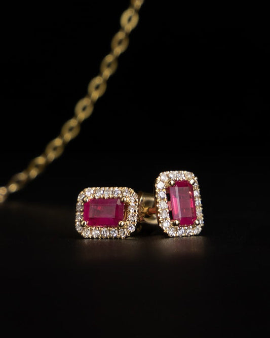 Halo Ruby & Diamond Stud Earrings in Yellow Gold
