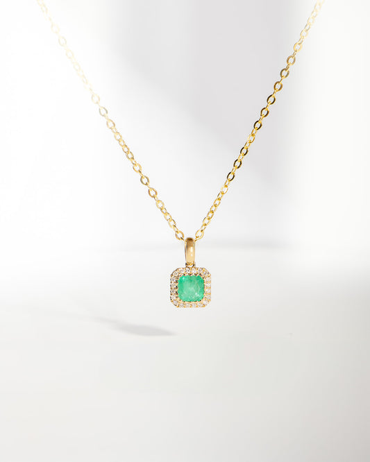 Square Emerald with Diamond Halo Pendant in Yellow Gold