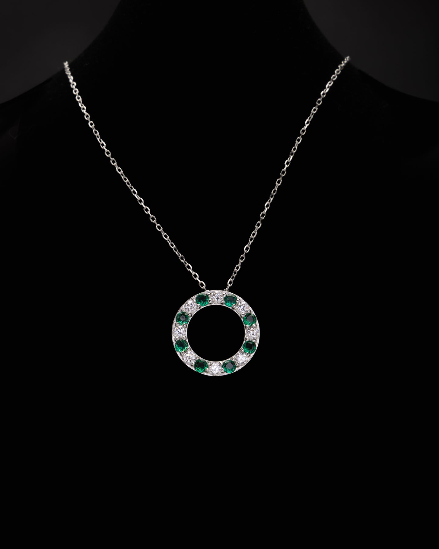 Round CZ & Green Gems Pendant in Sterling Silver