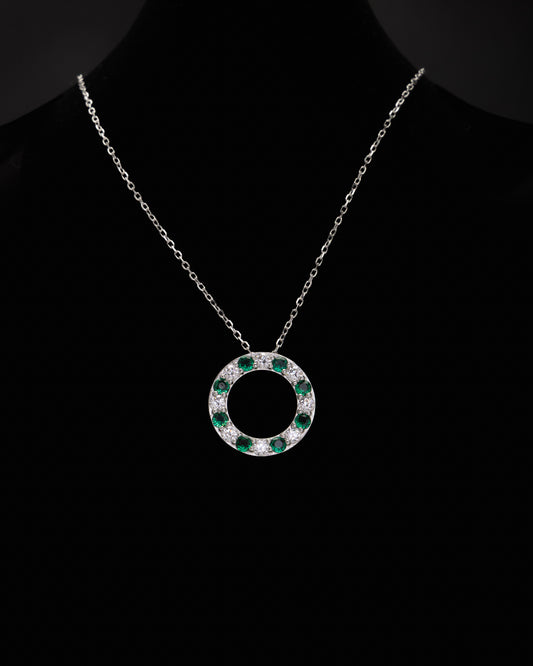 Round CZ & Green Gems Pendant in Sterling Silver