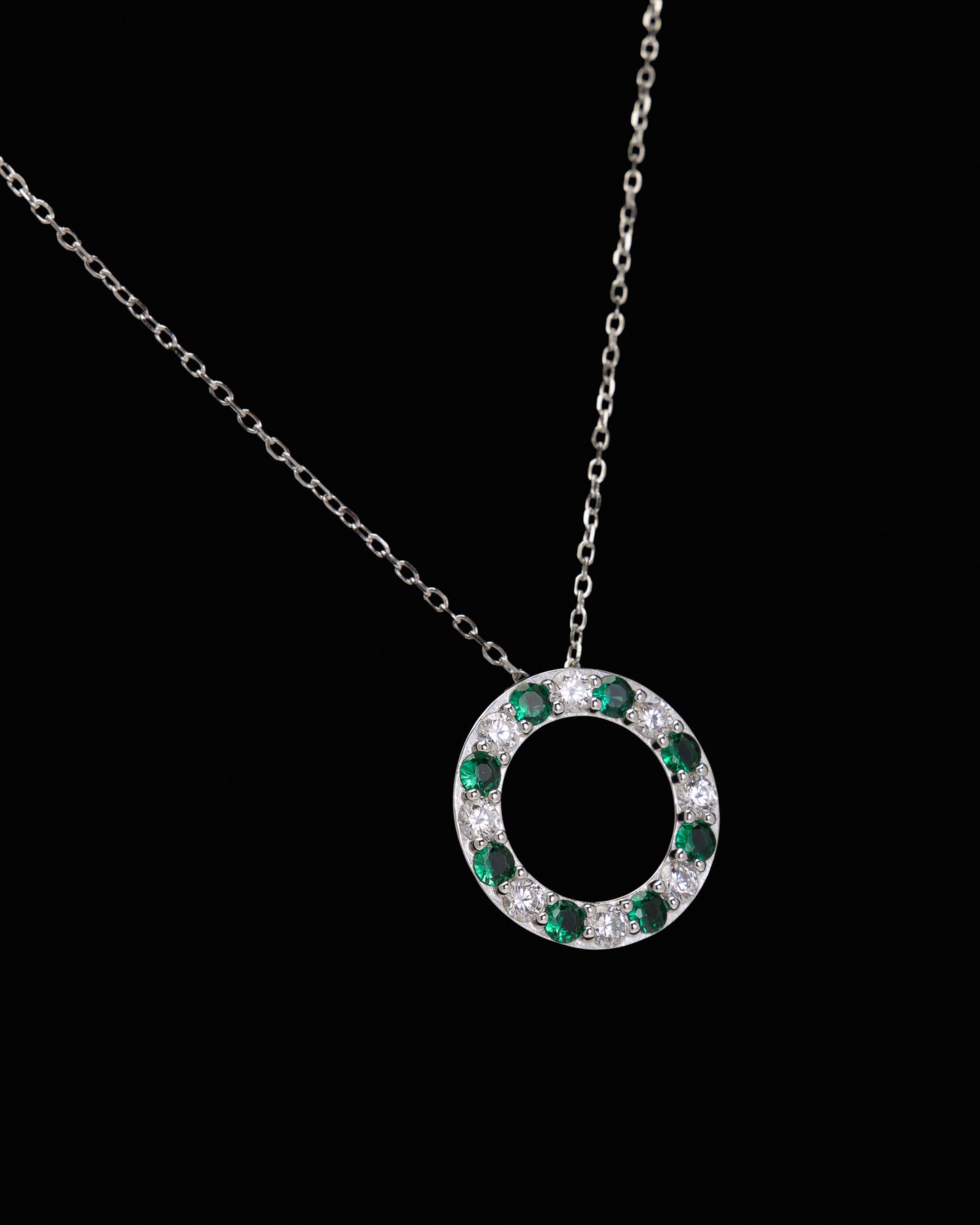 Round CZ & Green Gems Pendant in Sterling Silver