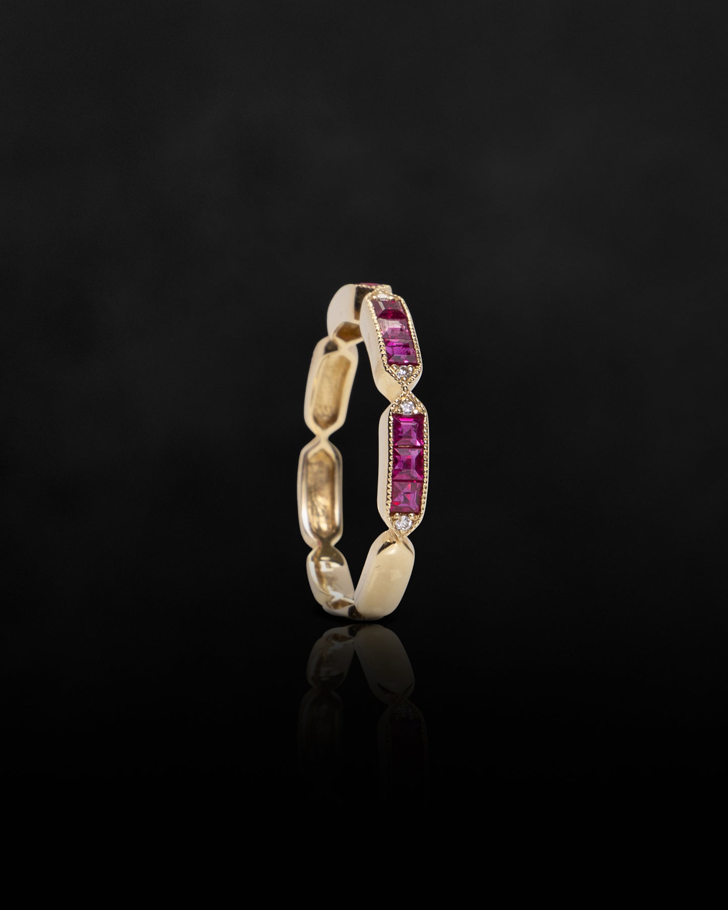 Princess Cut Ruby & Round Diamond Band in Yellow Gold