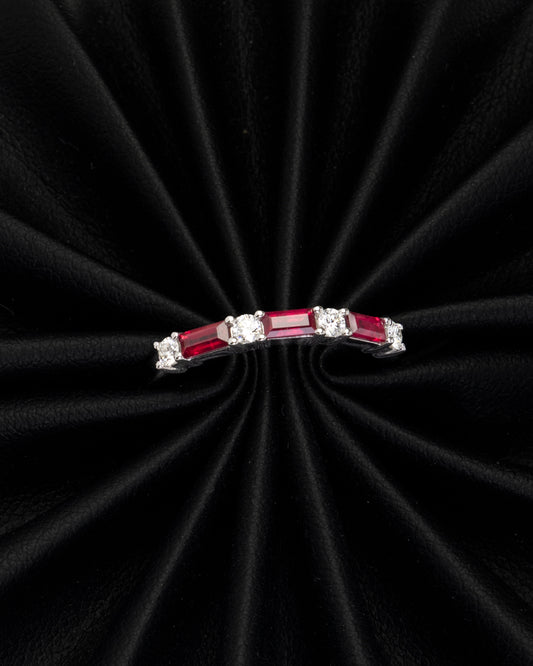 Baguette Ruby & Round Diamond Ring in White Gold