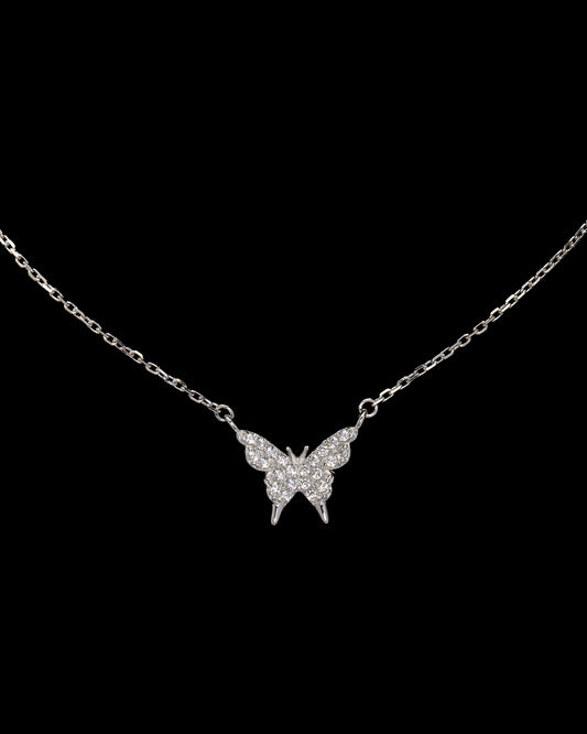 Rhodium Plated Butterfly Necklace with CZ