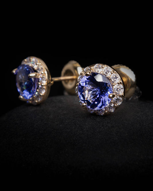 Tanzanite & Diamonds Stud Earrings in Yellow Gold