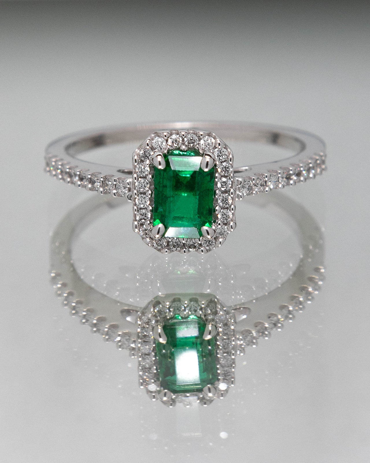 Emerald Halo Diamond Ring in White Gold