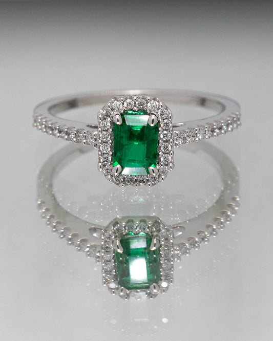 Emerald Halo Diamond Ring in White Gold